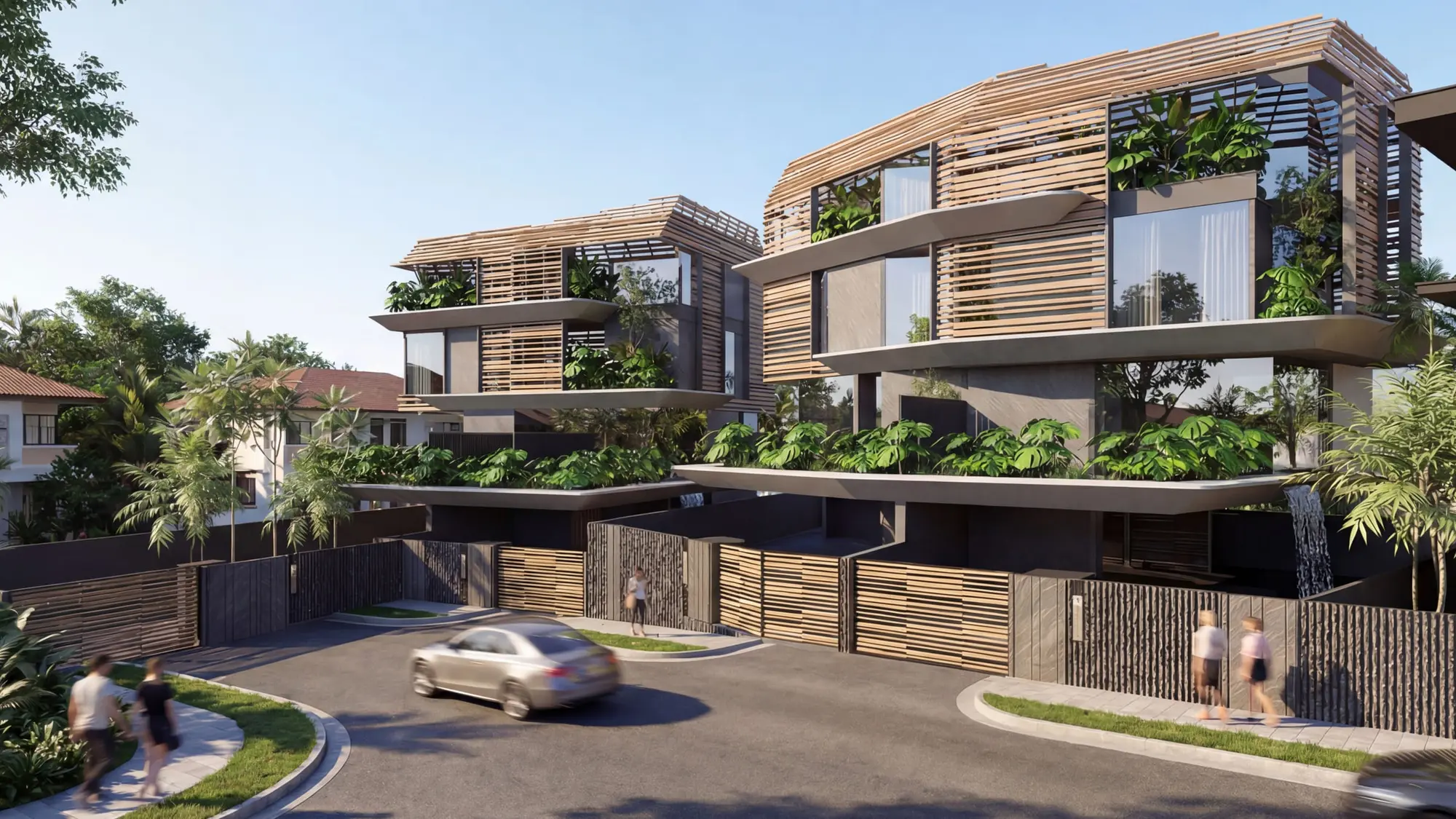 Continuous timber-screened frontage across a pair of semi-detached residences at Lakme Street