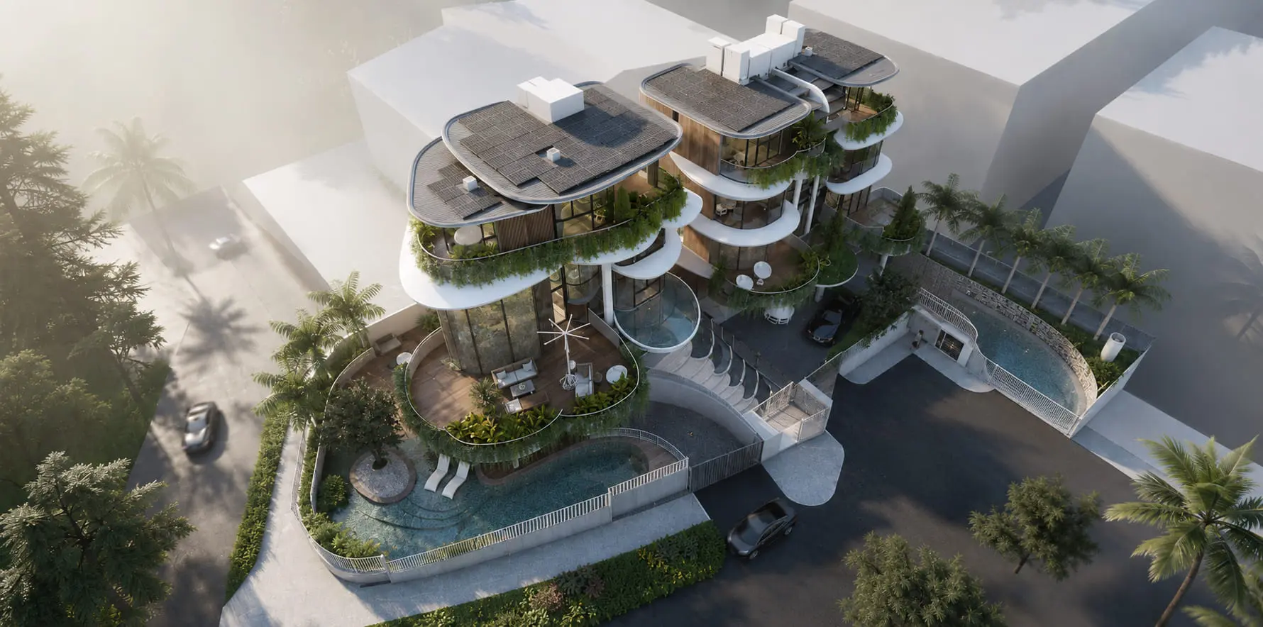 Aerial view of the Nim Road cluster showing pool terraces and roof gardens