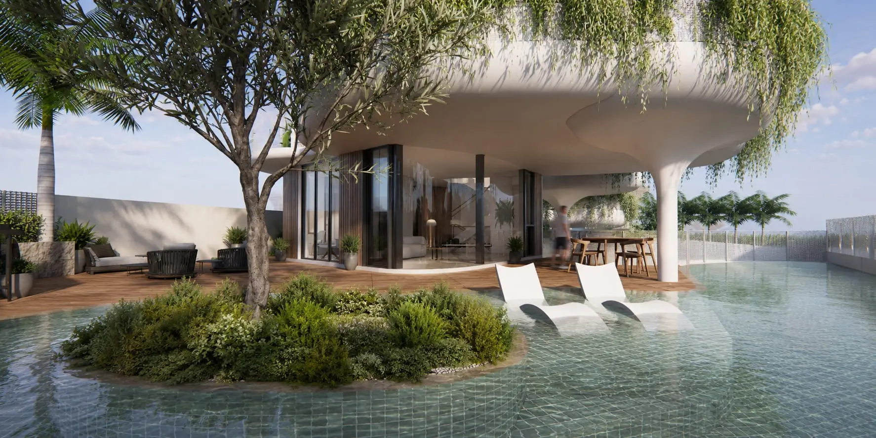 Ground-level pool terrace opening from a living room at Nim Road