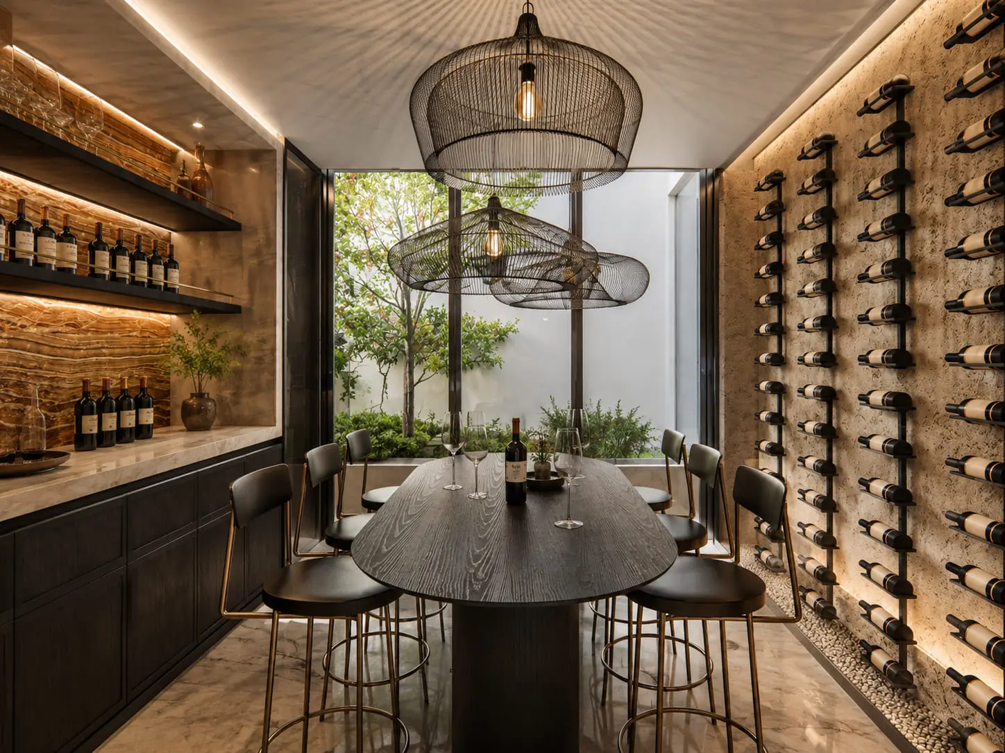 Wine lounge with a long tasting table at the Nim Road development