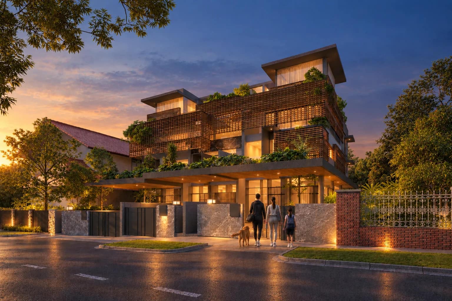 The planted facade designed for 3 Nim Road at dusk, its interiors lit warm as a family and their dog arrive home.