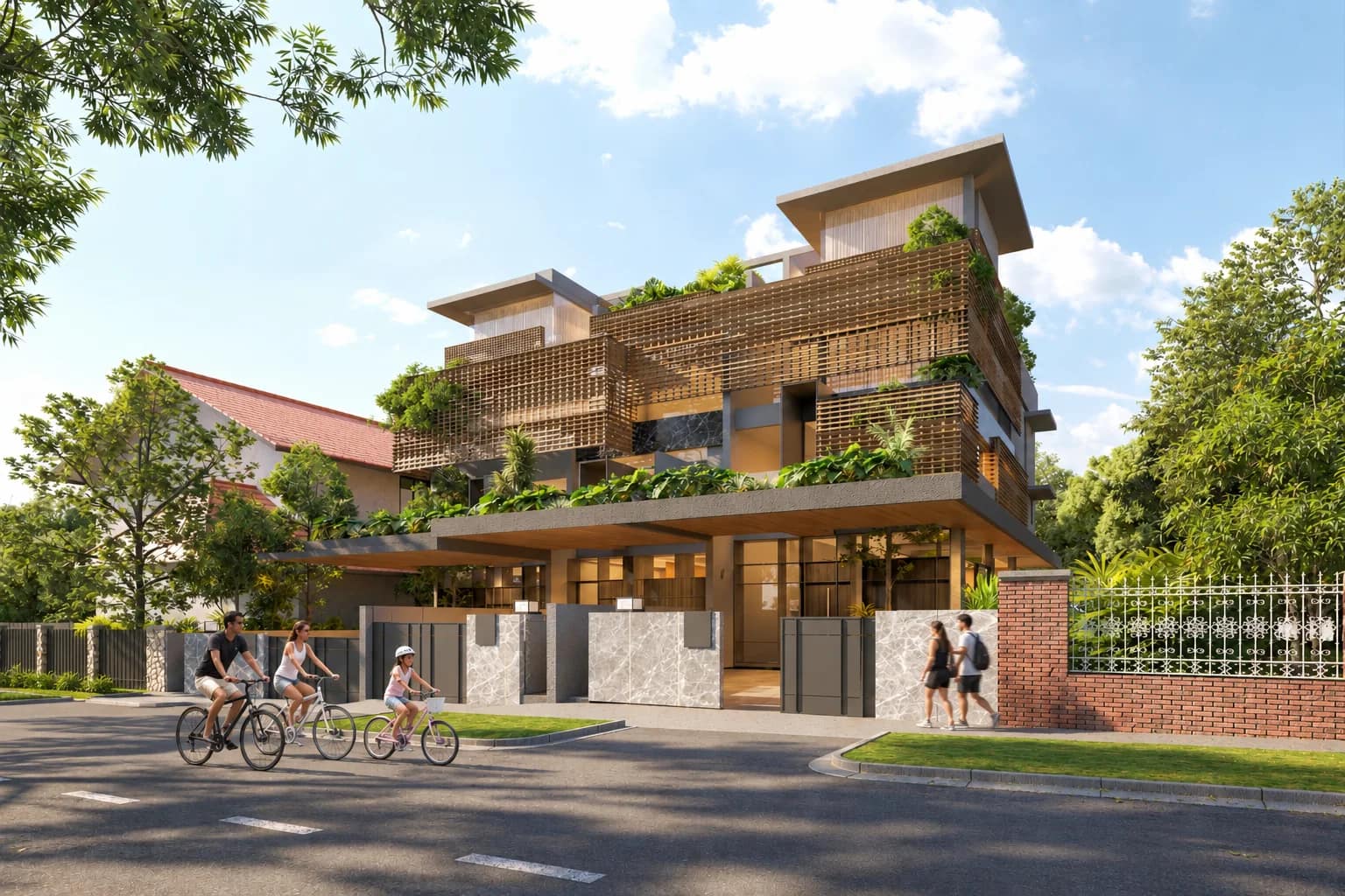 The street front designed for 3 Nim Road on a clear morning, a family cycling past its gates.