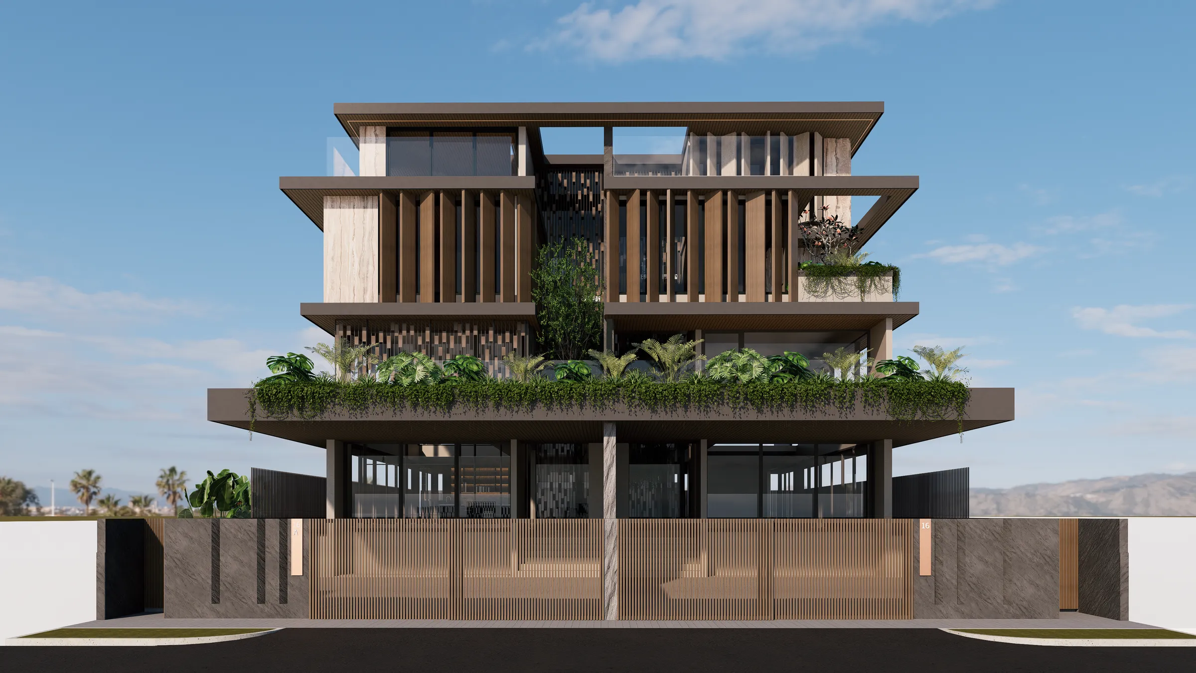Lakme Street from the road: two semi-detached houses behind timber screens and planted terraces.