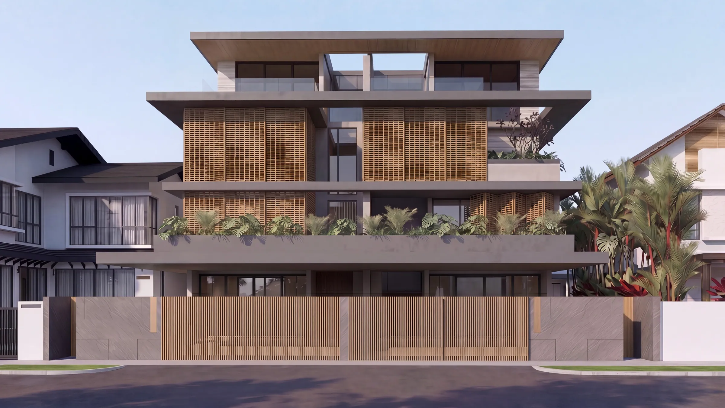 The street elevation of Lakme Street — three storeys under deep horizontal overhangs, behind a timber-screened boundary wall
