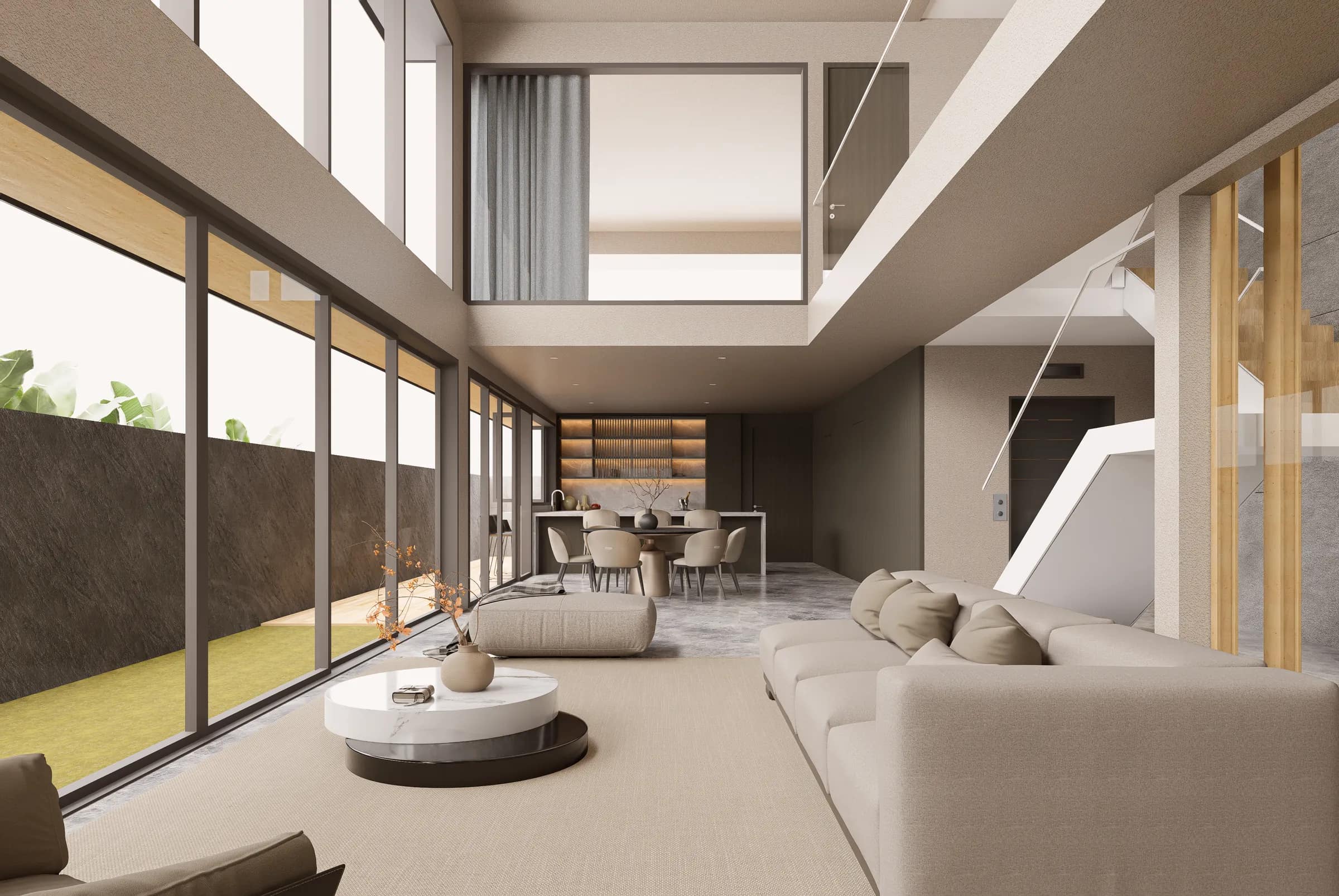 The living room opening through to the dining room at Lakme Street.