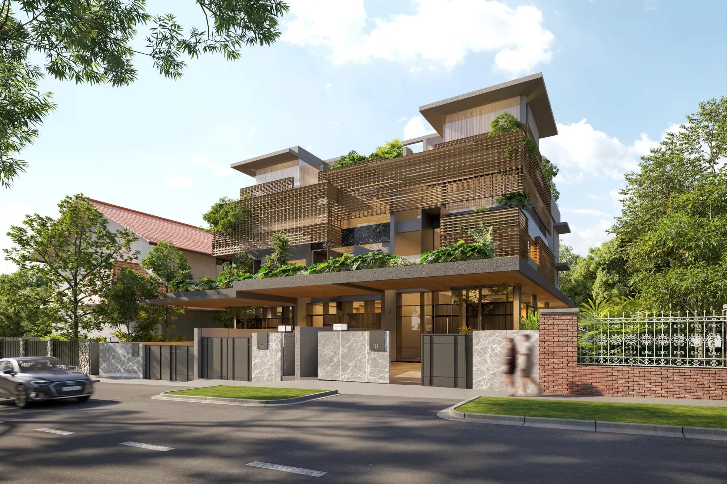 The updated facade at Nim Road — bronze lattice screens over a full-width entrance canopy, planting spilling from every level, and the three gated addresses at the street.