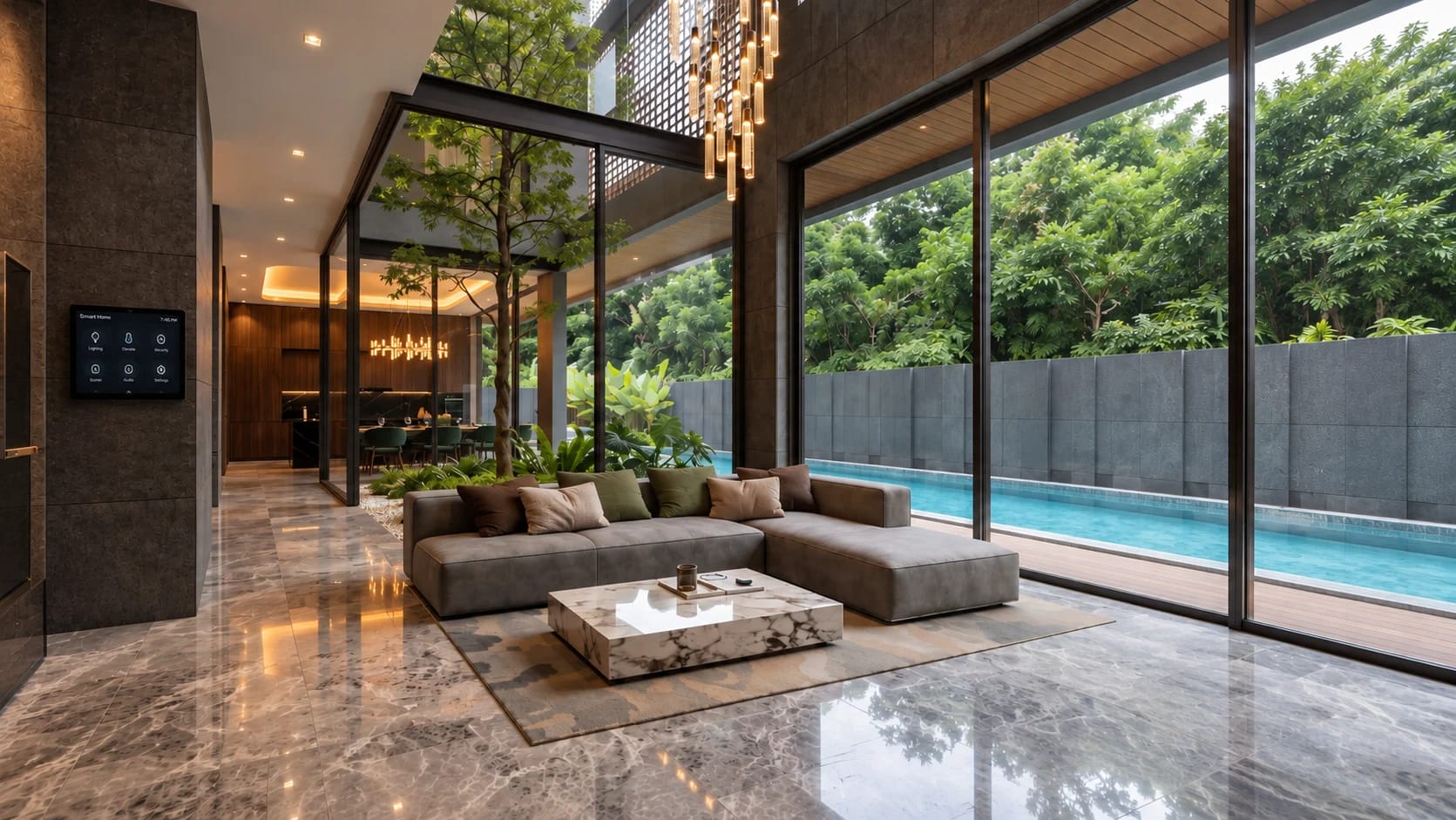A double-height living room with a smart home control panel on the wall, a marble floor and a pendant of glass rods, its glass wall open to a lap pool and a planted courtyard tree.